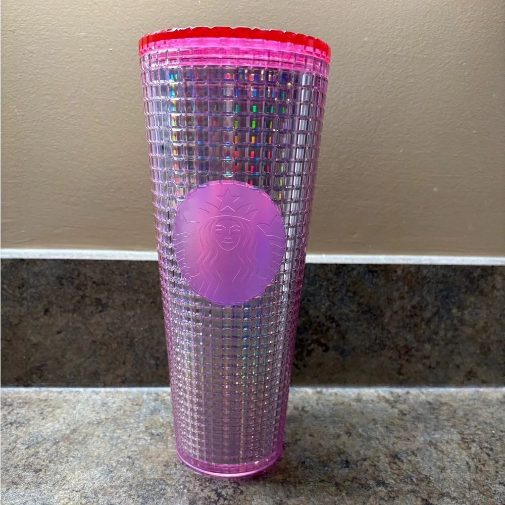 Starbucks 2022 Iridescent Pink Silver Bubblegum Grid Cold Cup Tumbler Venti 24oz